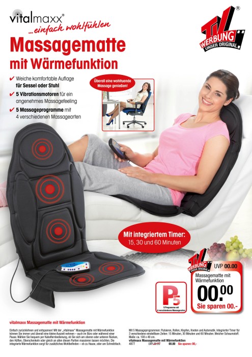 VITALmaxx Massagematte, mit Wärmefunktion, 5 Vibrationsmotoren, 5 Massageprogramme, schwarz, 4877